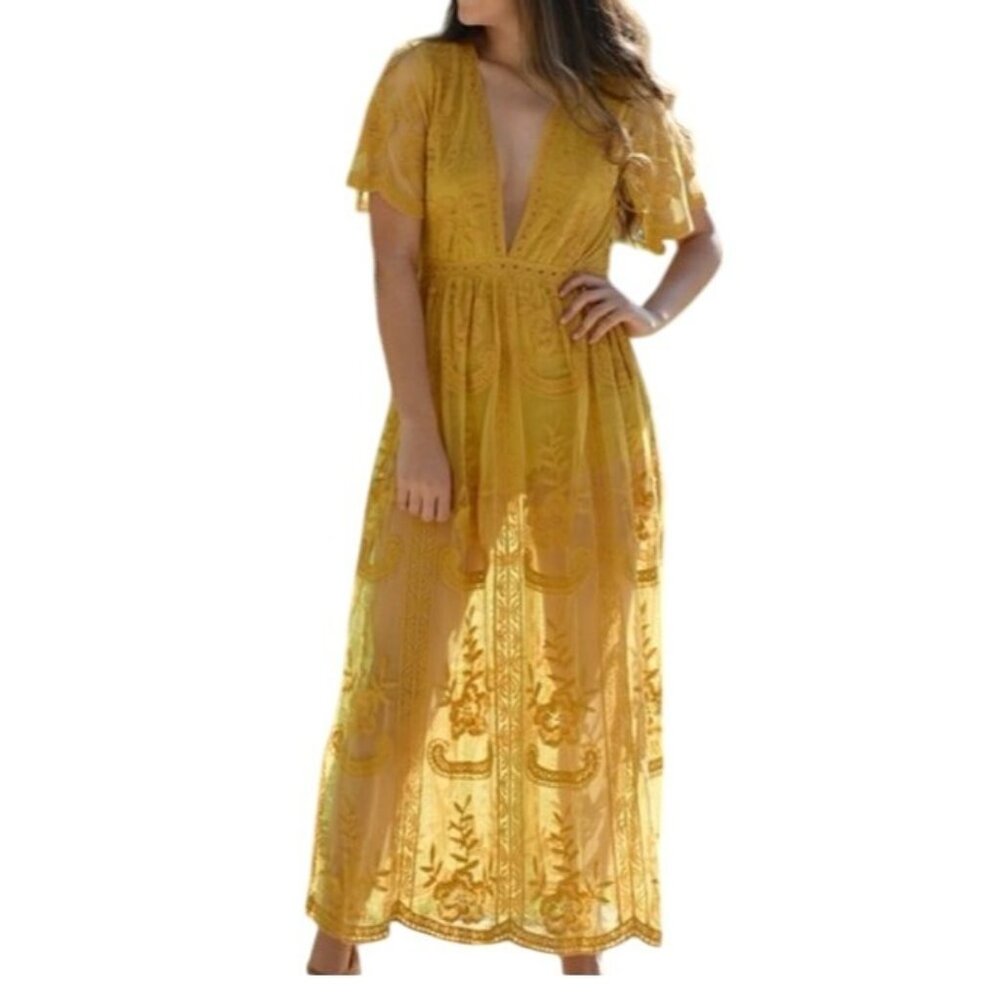 Sohcue Yellow Sheer Embroidered Maxi Dress Plunging Neckline Short Sleeves